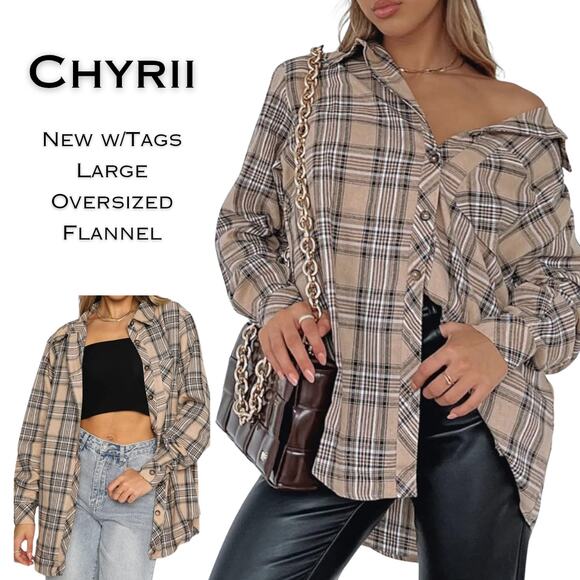 New Chyrii Womens Boyfriends Flannel Shirt Large Tan Black Plaid Button Down - Picture 2 of 5